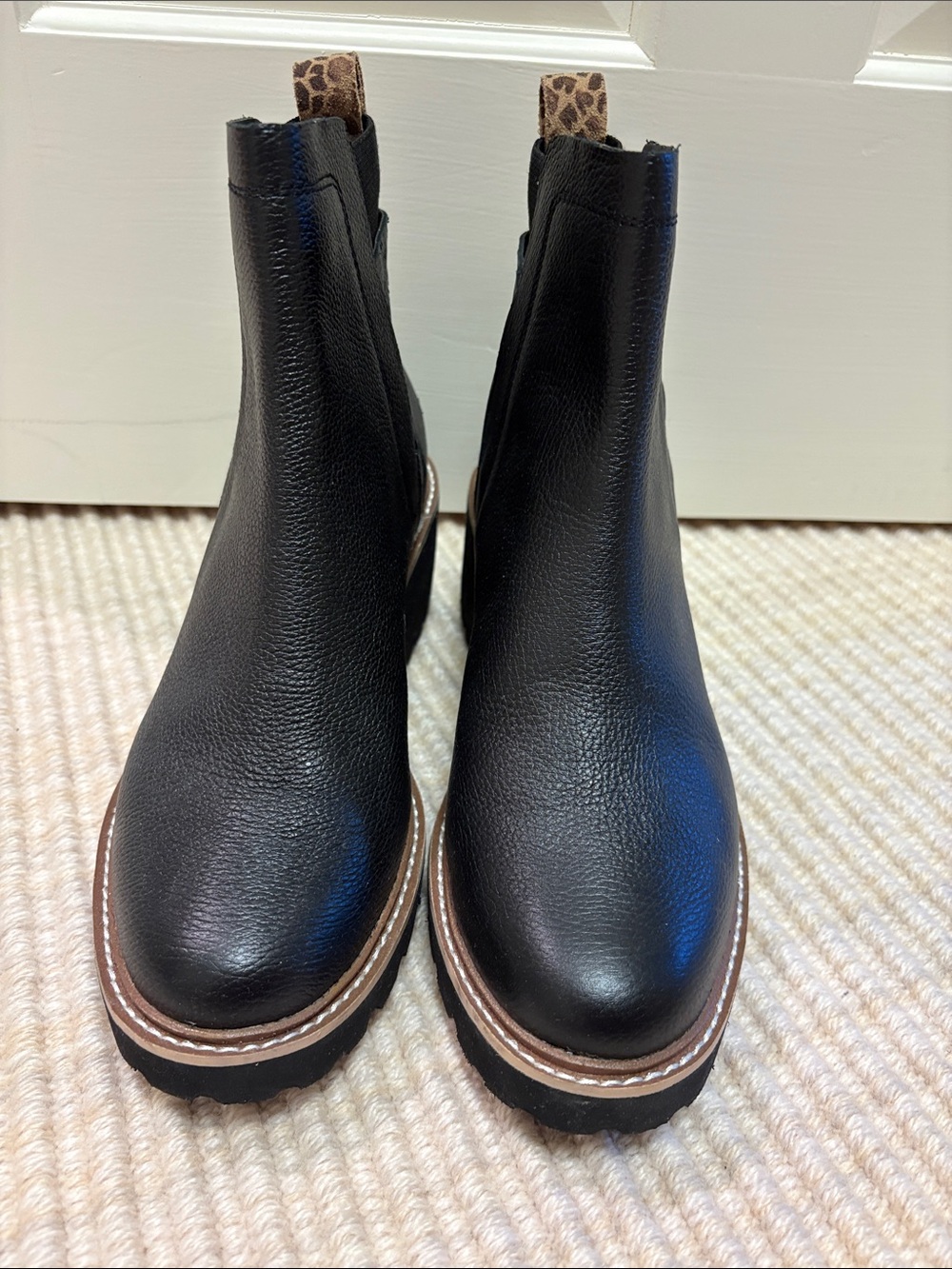 Dolce Vita Black Leather Chelsea Booties with Leopard Pull Tab